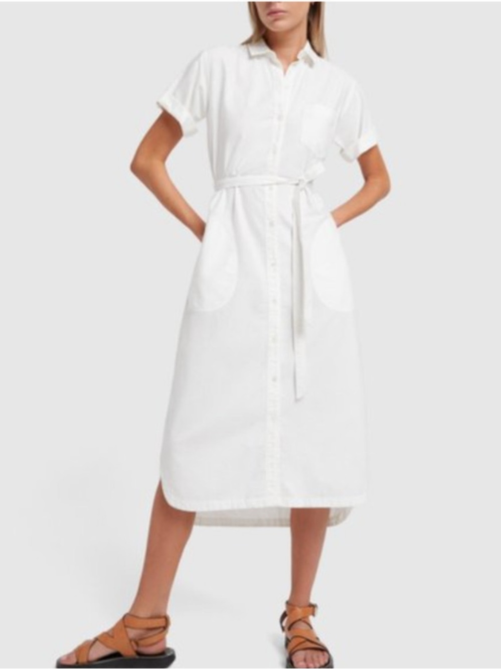 Atm Anthony Thomas Women White Cotton Button Belt Midi Shirt Dress